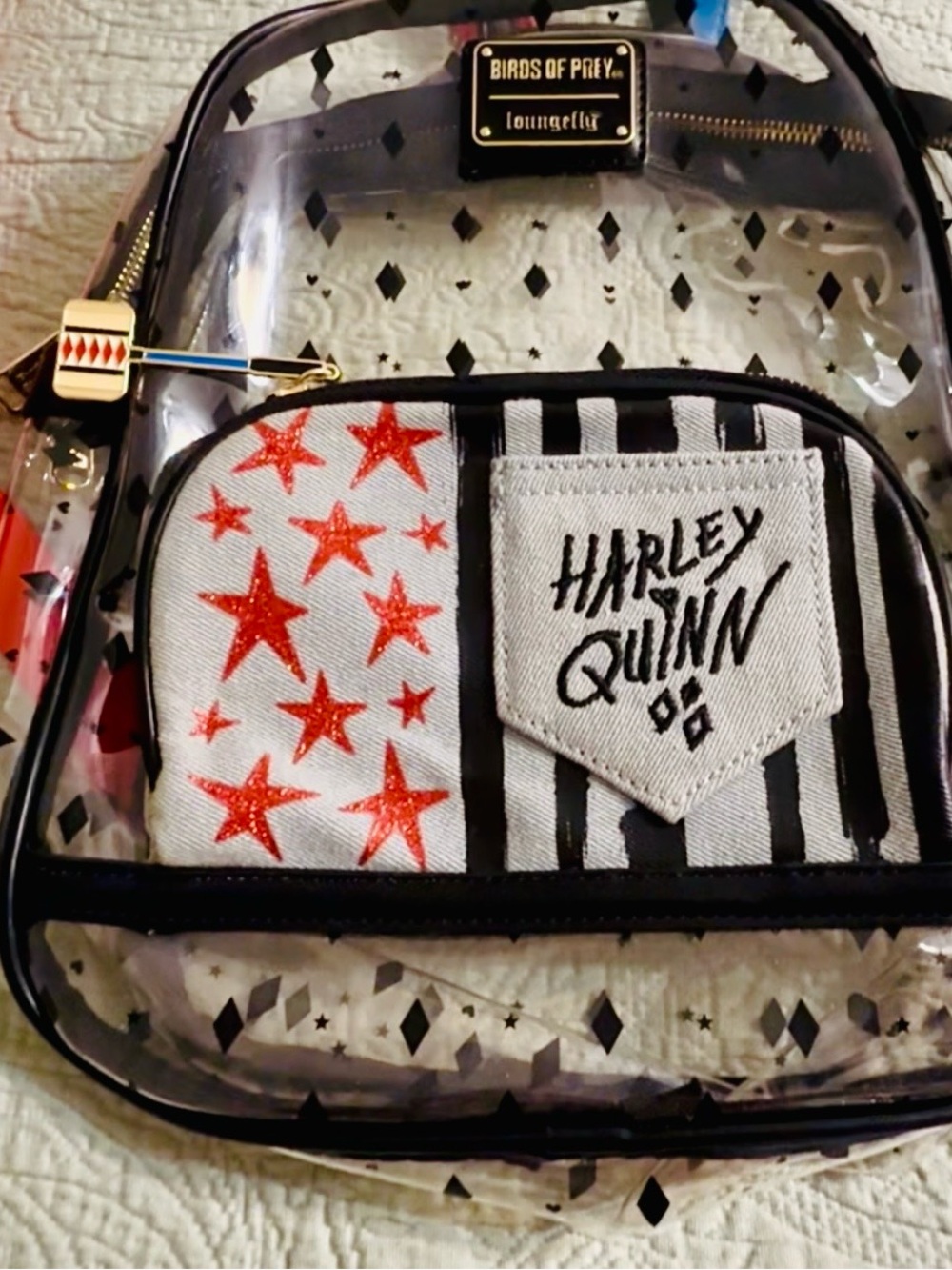 Loungefly DC/Birds of Prey/Harley Quinn clear backpack, slightly used. - Picture 2 of 10